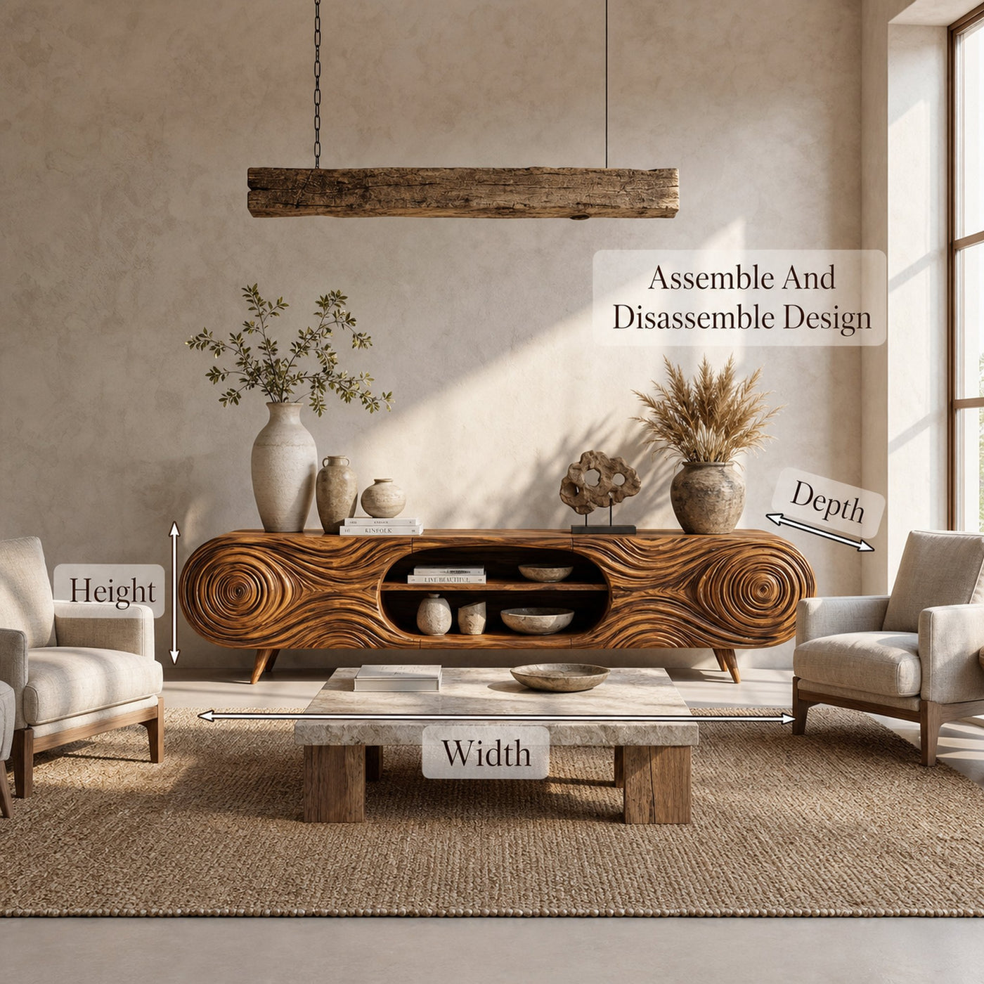 Organic Modern TV Cabinet Sculptural Wood Grain Design For Living Room - product view 8
