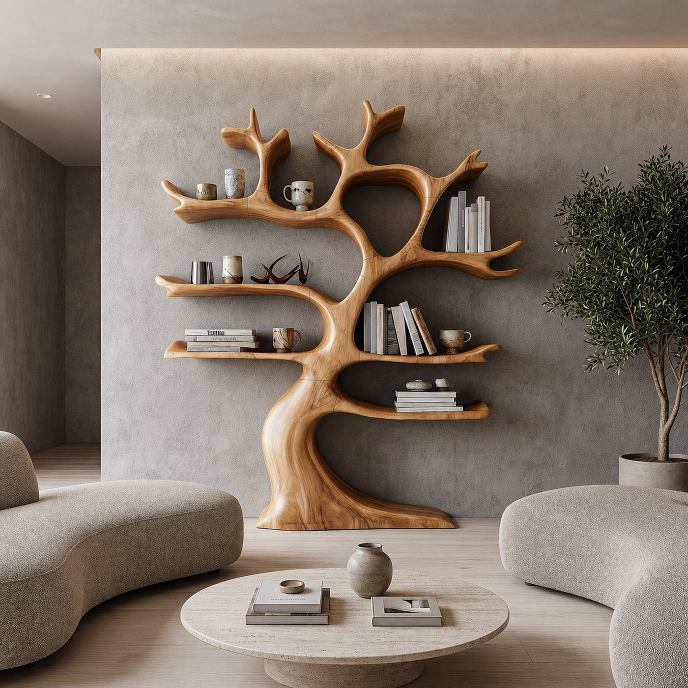 Organic Modern Tree Wall Shelf With Branch Inspired Storage For Living Room