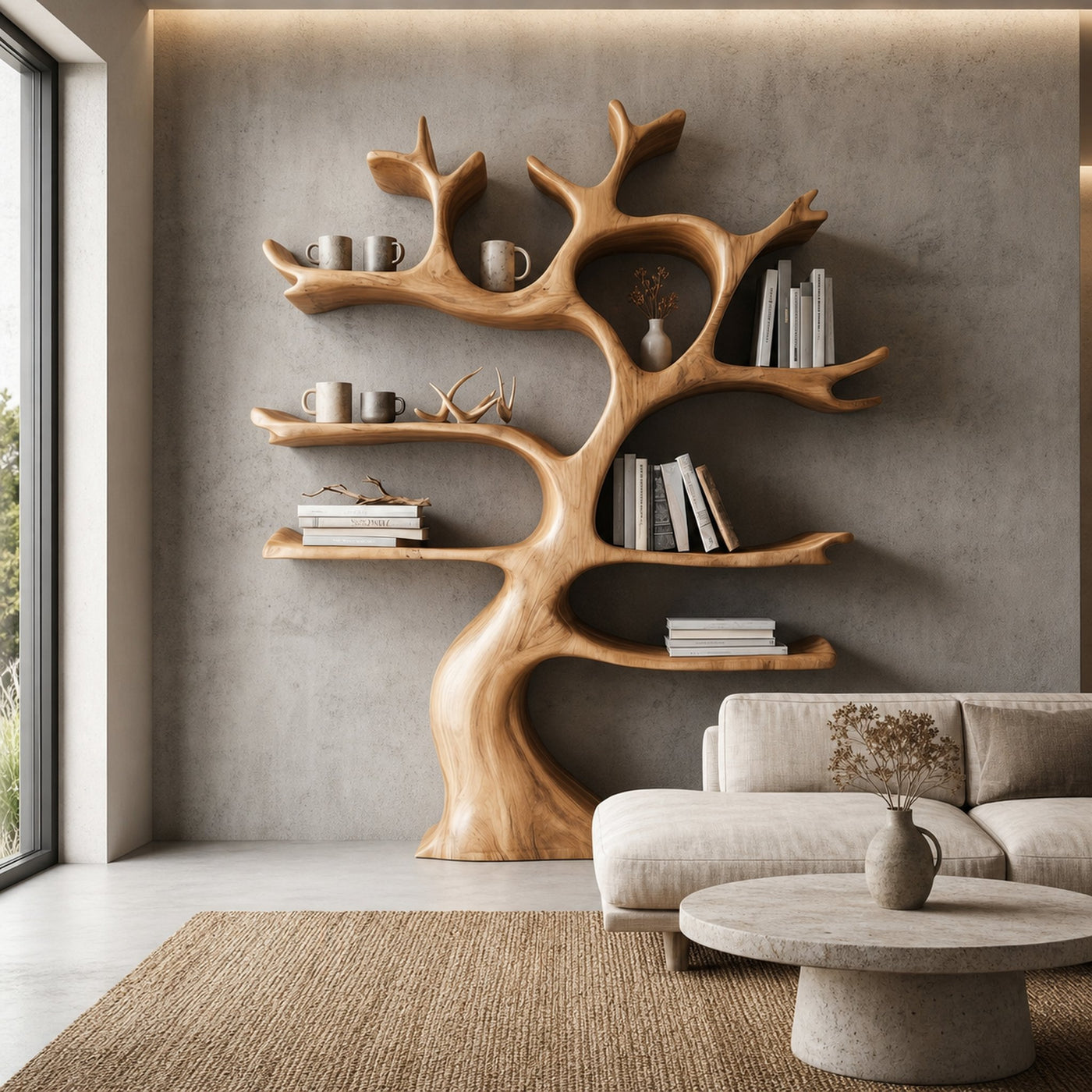 Organic Modern Tree Wall Shelf With Branch Inspired Storage For Living Room - product view 5