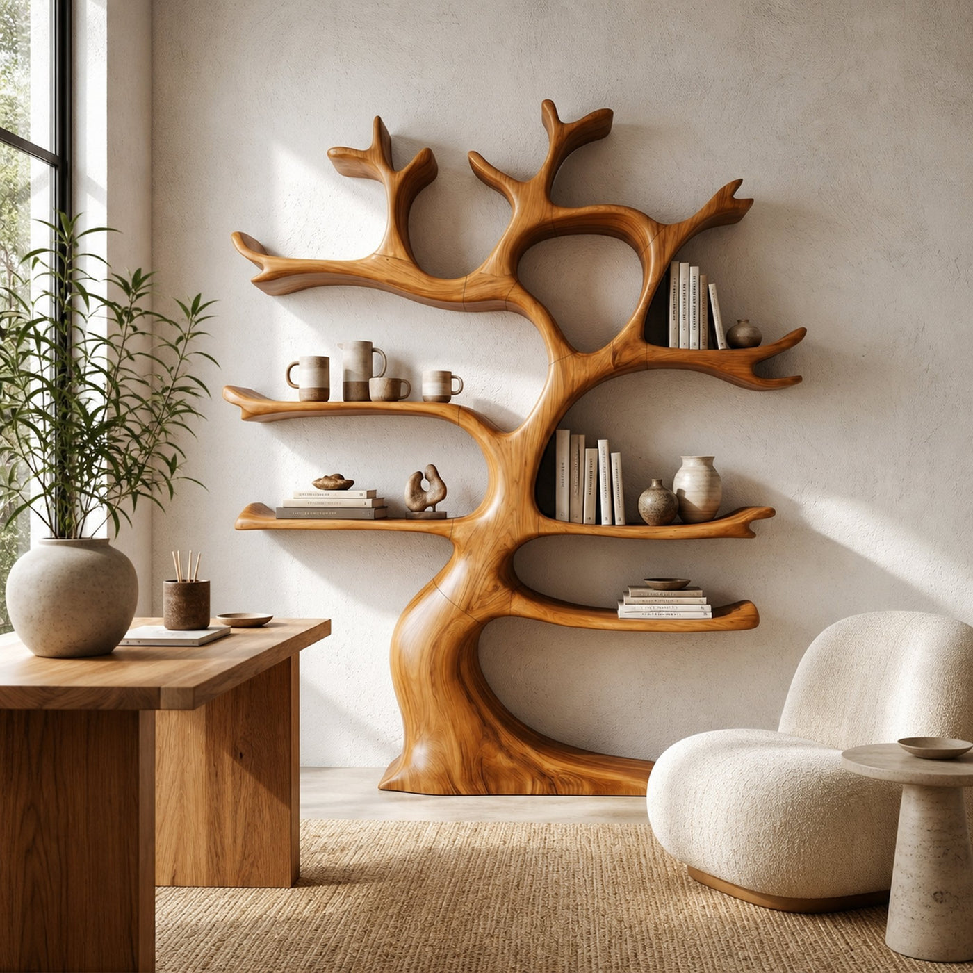 Organic Modern Tree Wall Shelf With Branch Inspired Storage For Living Room - product view 6
