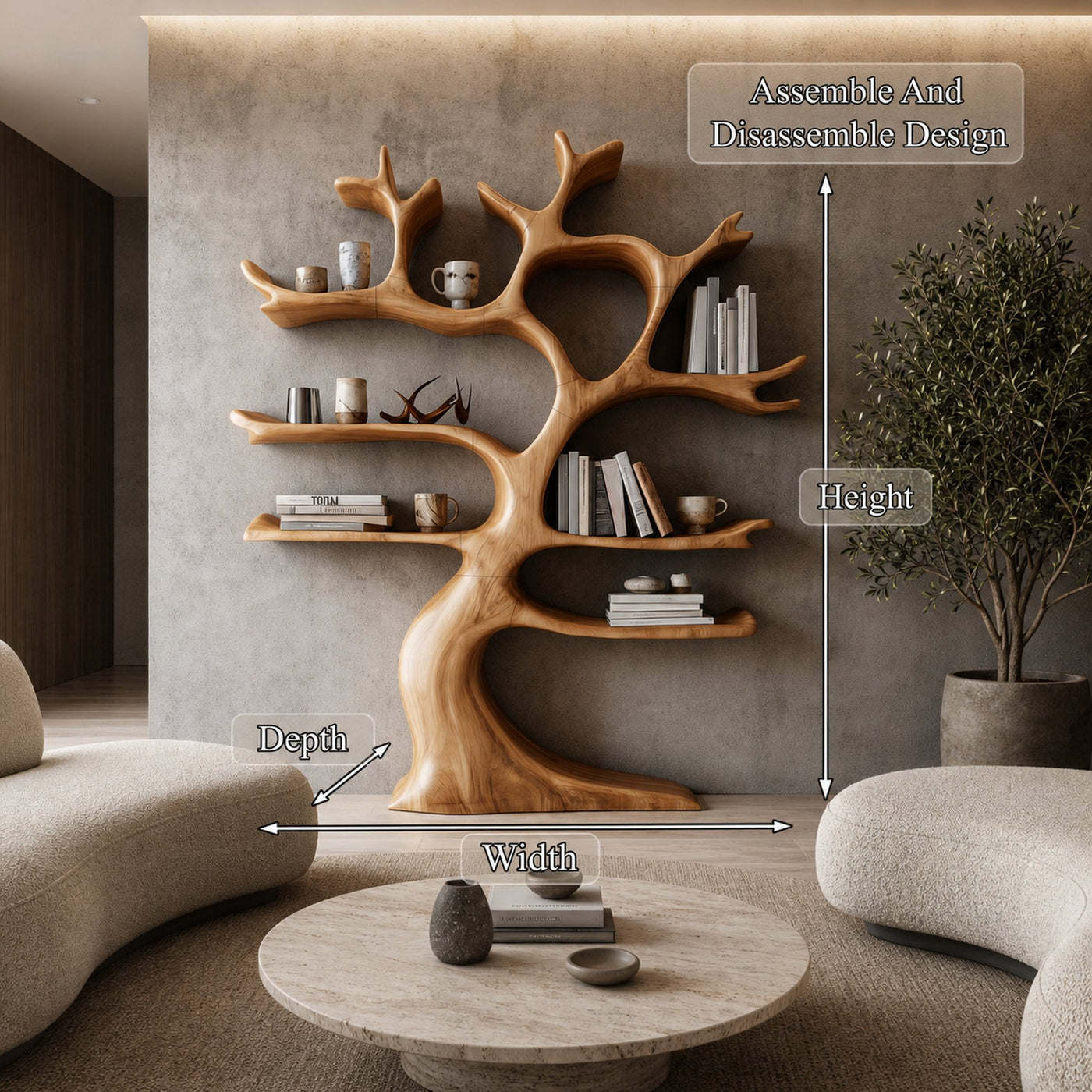 Organic Modern Tree Wall Shelf With Branch Inspired Storage For Living Room - product view 8