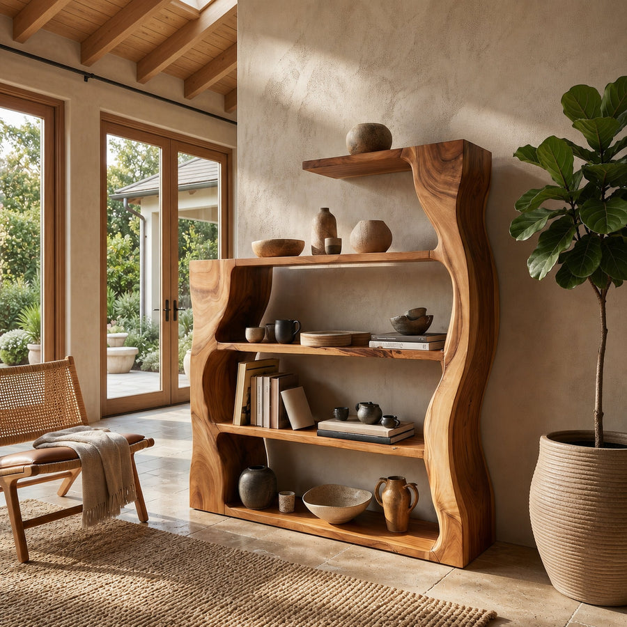 Organic Modern Wooden Bookshelf With Asymmetrical Curved Profile