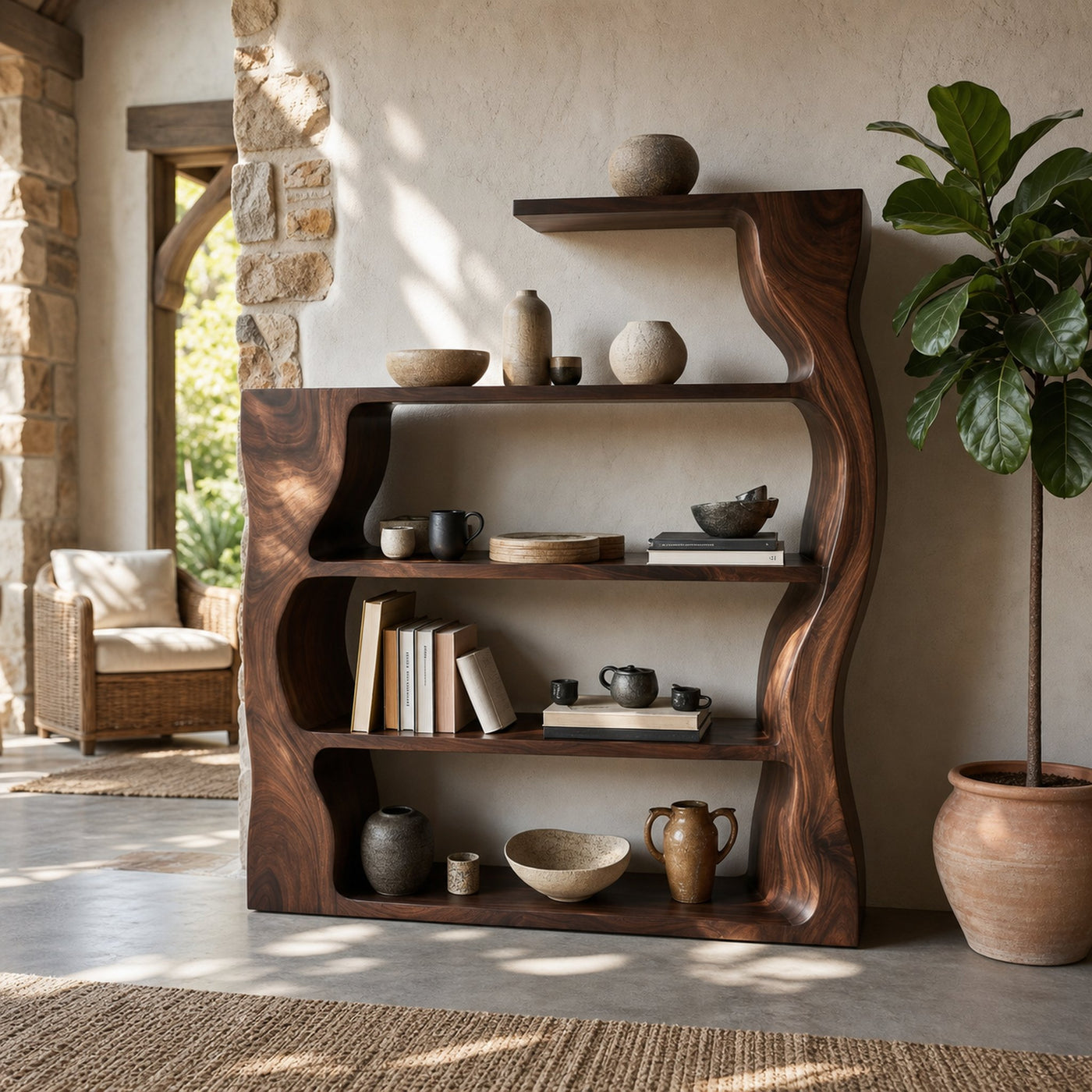 Organic Modern Wooden Bookshelf With Asymmetrical Curved Profile - product view 7