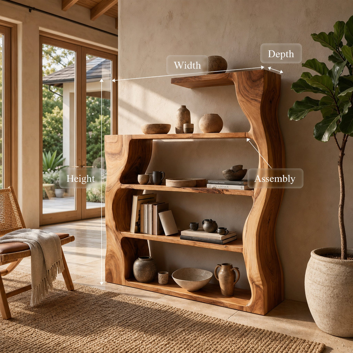 Organic Modern Wooden Bookshelf With Asymmetrical Curved Profile - product view 8