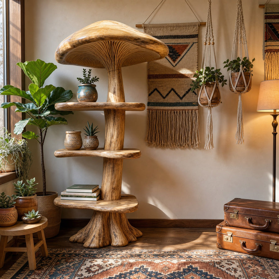 Organic Mushroom Bookshelf With Handcrafted Solid Wood Shelves For Living Room