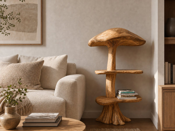 Organic Mushroom Display Bookshelf With Solid Wood Shelving For Living Room