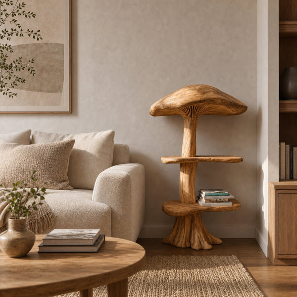 Organic Mushroom Display Bookshelf With Solid Wood Shelving For Living Room