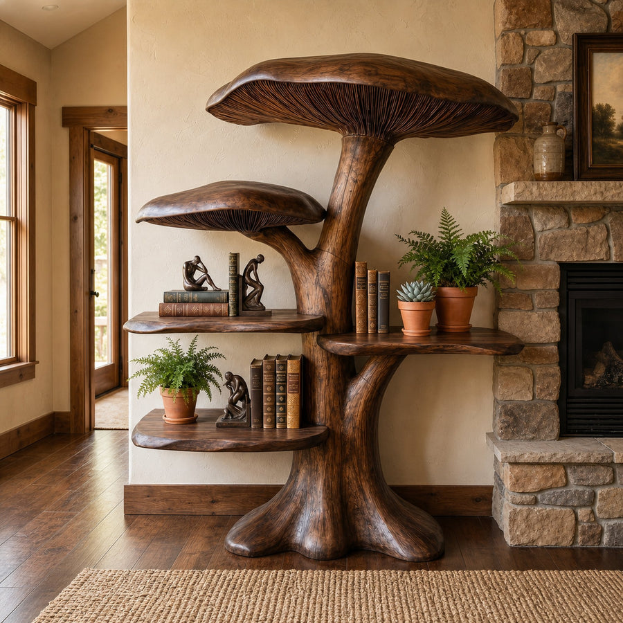 Organic Mushroom Shelf With Sculptural Solid Wood Form For Living Room