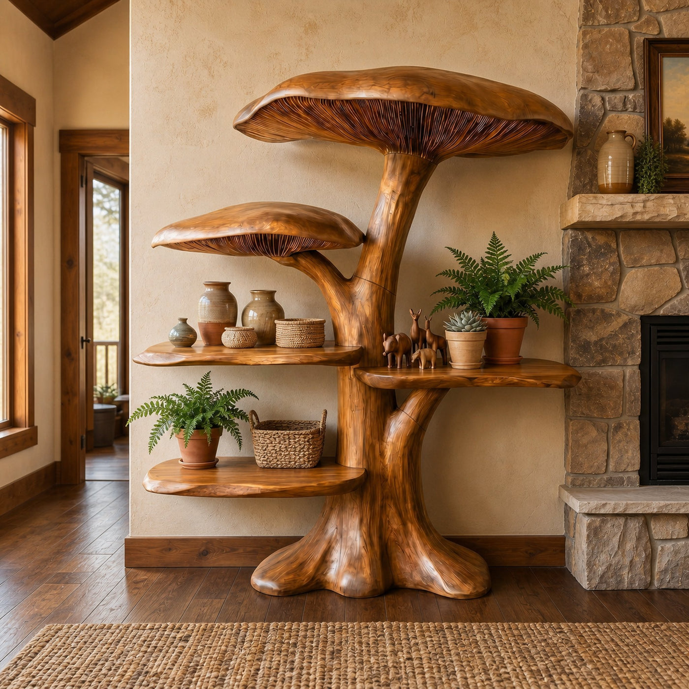 Organic Mushroom Shelf With Sculptural Solid Wood Form For Living Room - product view 6