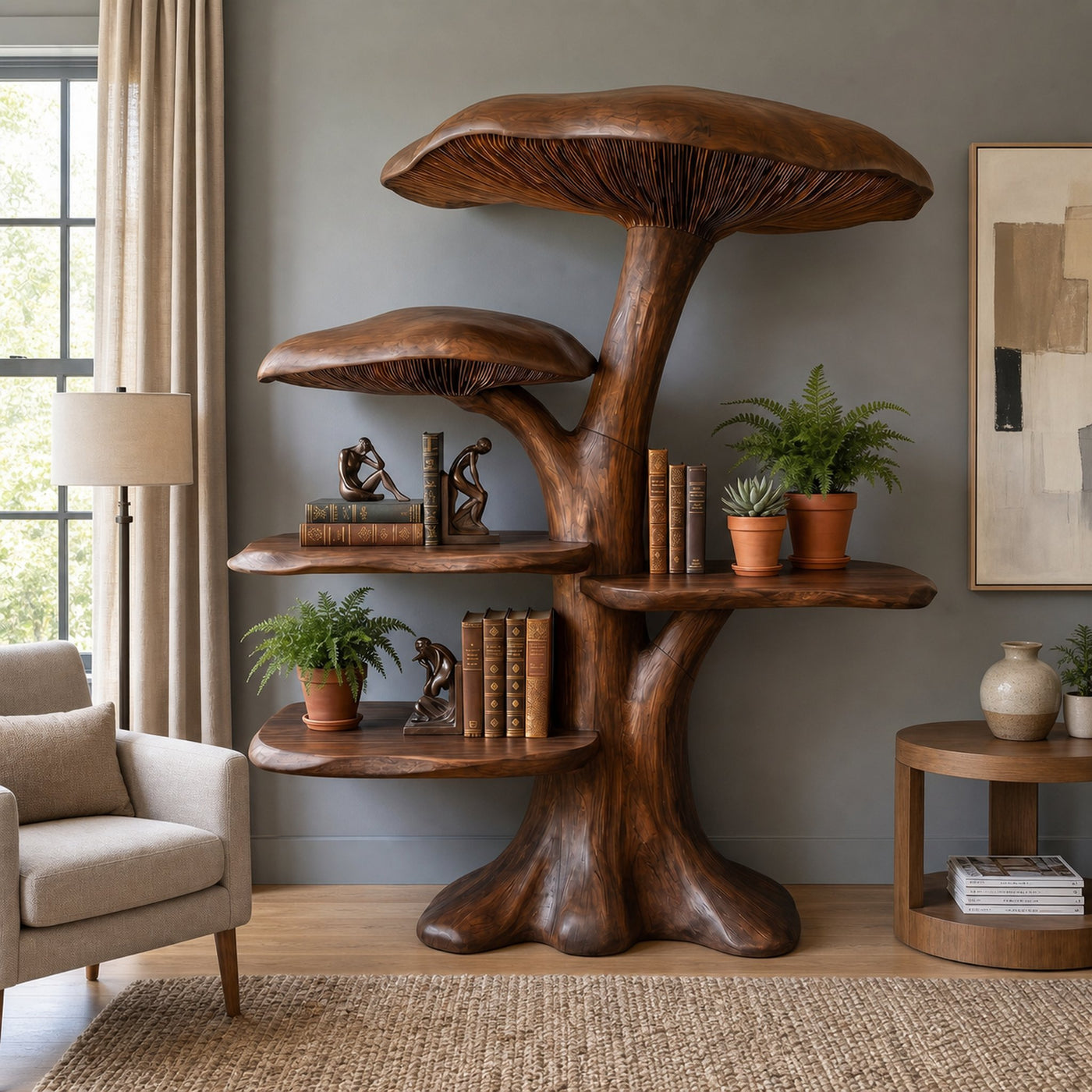 Organic Mushroom Shelf With Sculptural Solid Wood Form For Living Room - product view 7