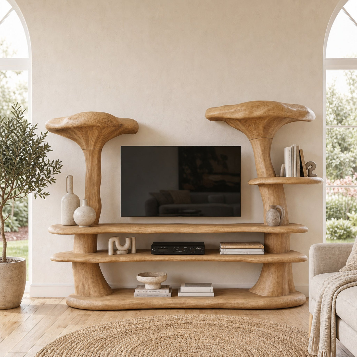 Organic Mushroom TV Stand With Sculptural Solid Wood Design For Living Room
