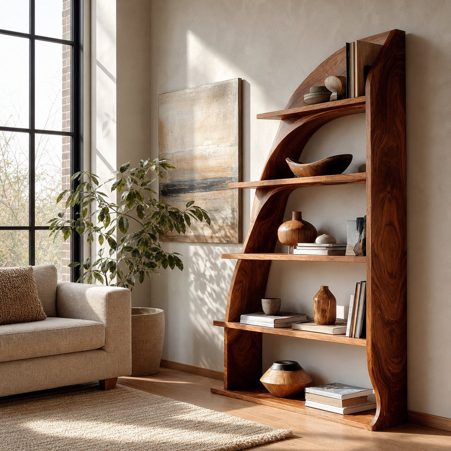 Organic Natural Wood Bookshelf For Living Room Display