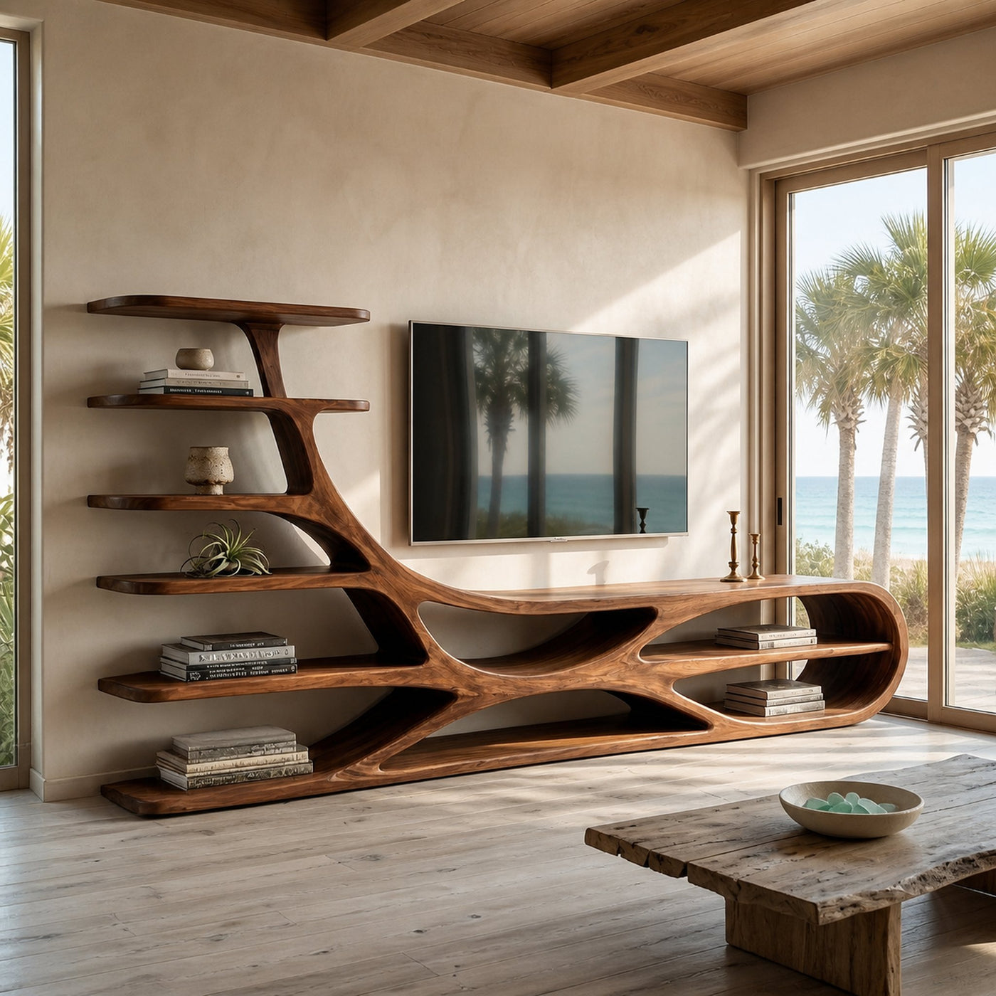 Organic Natural Wood TV Stand With Floating Shelves For Home