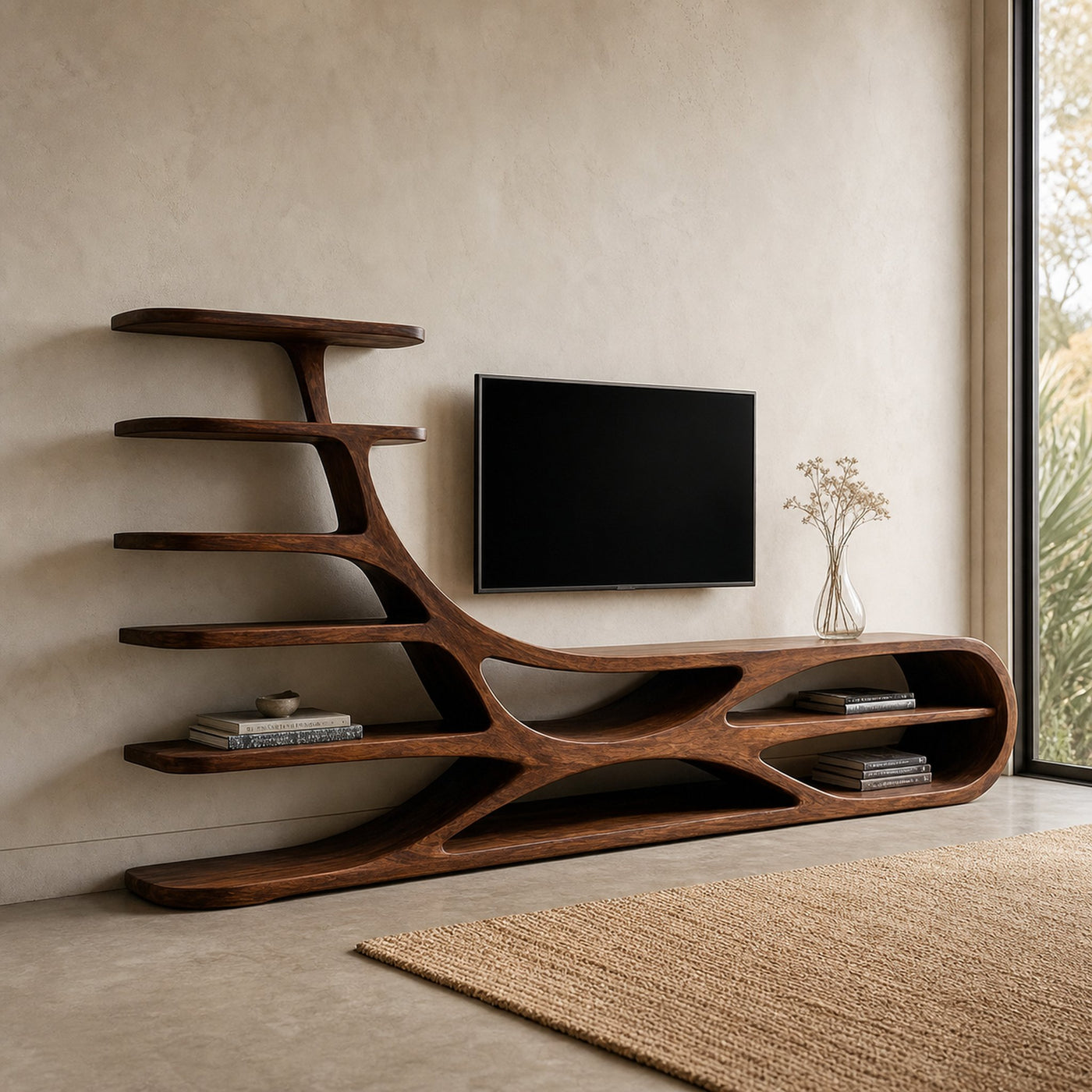Organic Natural Wood TV Stand With Floating Shelves For Home - product view 7