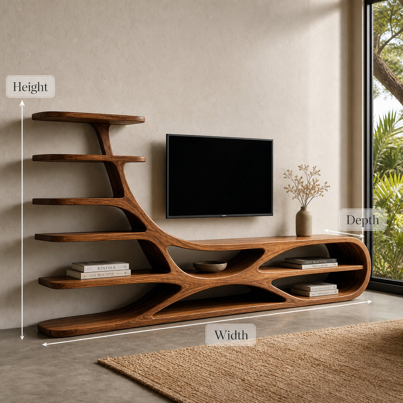 Organic Natural Wood TV Stand With Floating Shelves For Home - product view 8