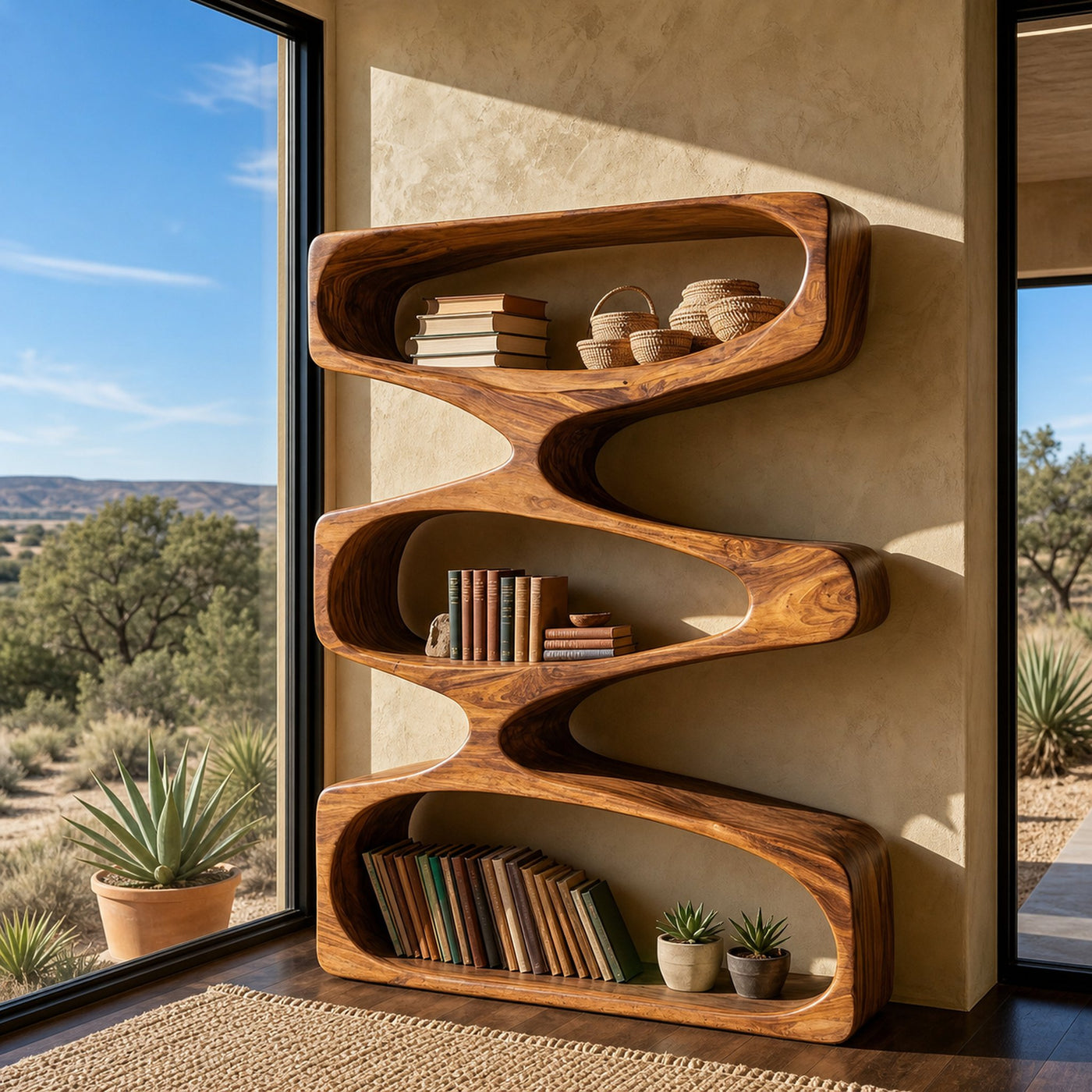 Organic Sculptural Bookshelf With 3 Tiers Storage For Living Room