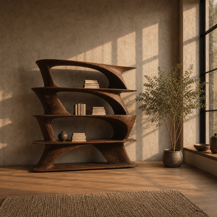 Organic Sculptural Bookshelf With Asymmetrical Open Shelves For Living Room