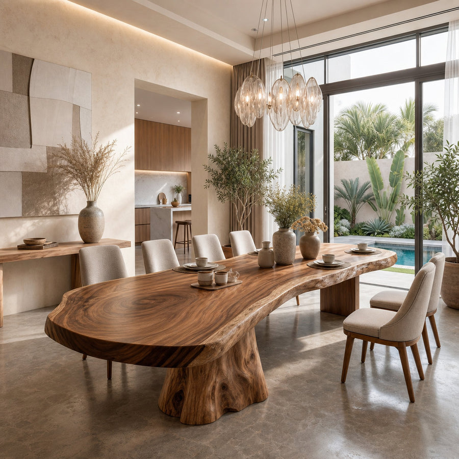 Organic Sculptural Dining Table With Live Edge Solid Wood Top And Pedestal Base For Dining Room