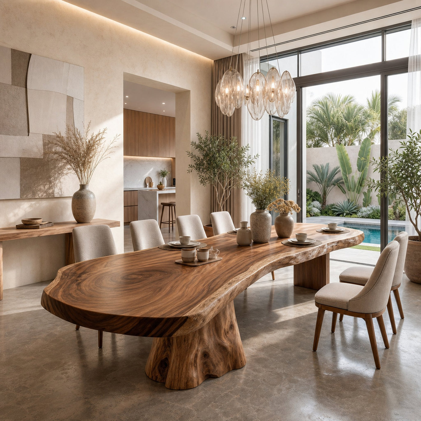 Organic Sculptural Dining Table With Live Edge Solid Wood Top And Pedestal Base For Dining Room