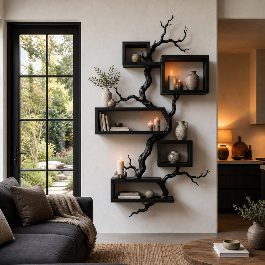 Organic Sculptural Floating Shelf With Tree Branch Design For Living Room