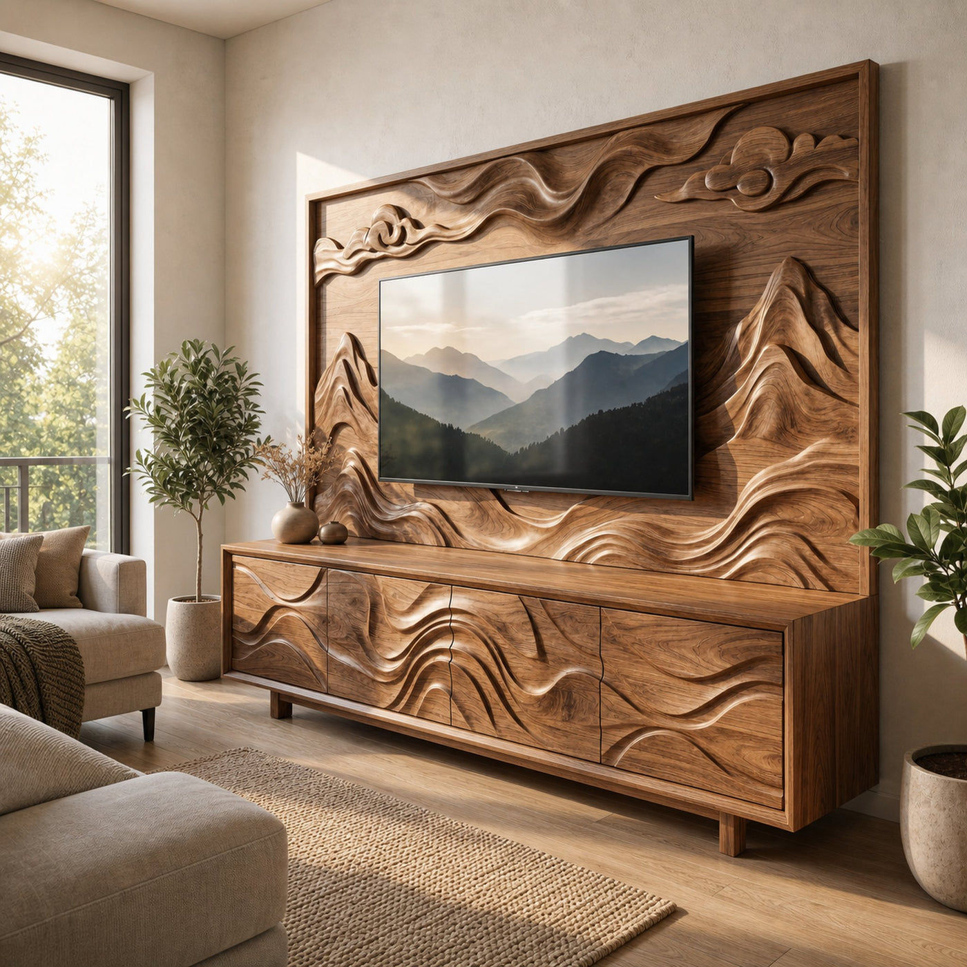 Organic Sculptural TV Cabinet And Wood Wall Panel Set Living Room
