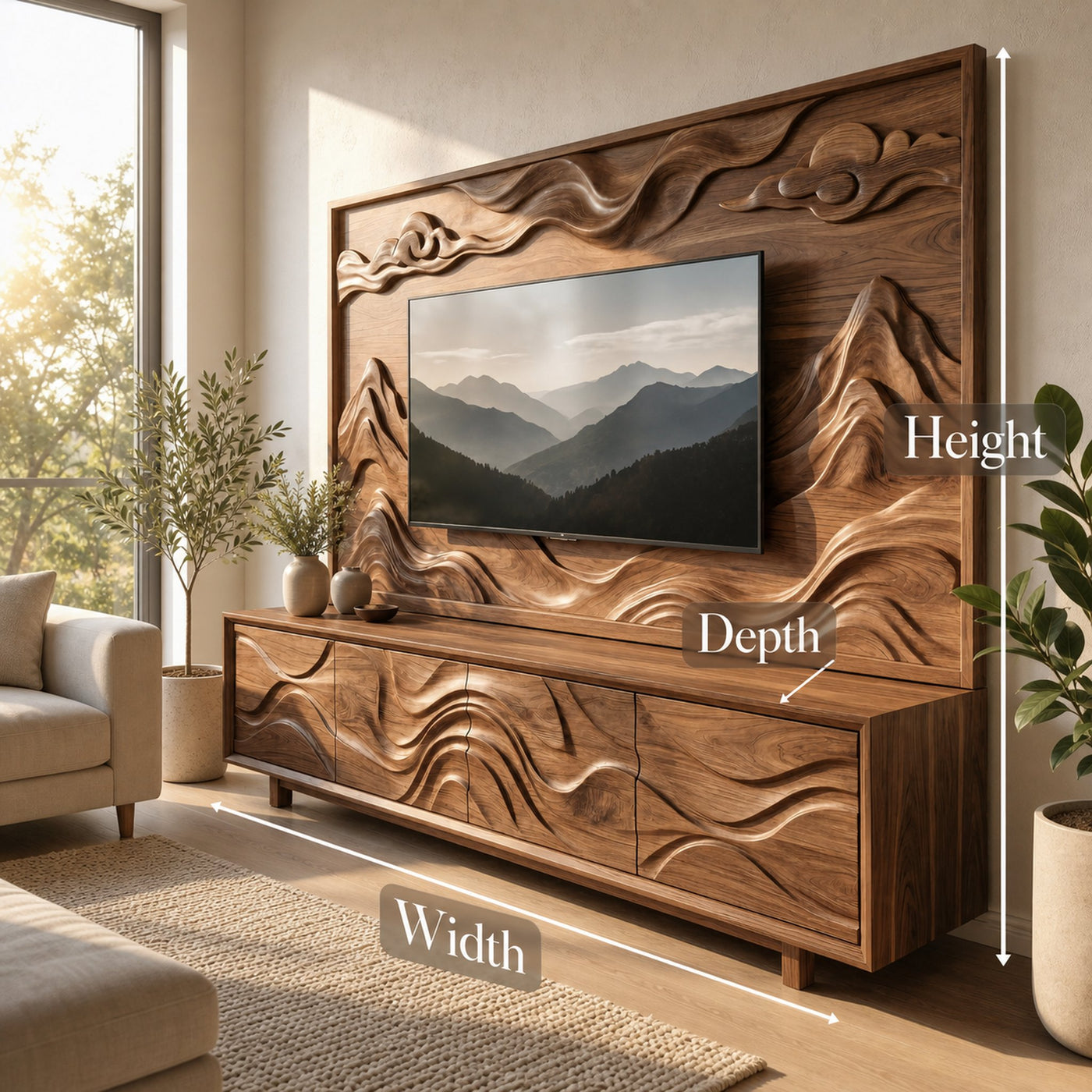 Organic Sculptural TV Cabinet And Wood Wall Panel Set Living Room - product view 6