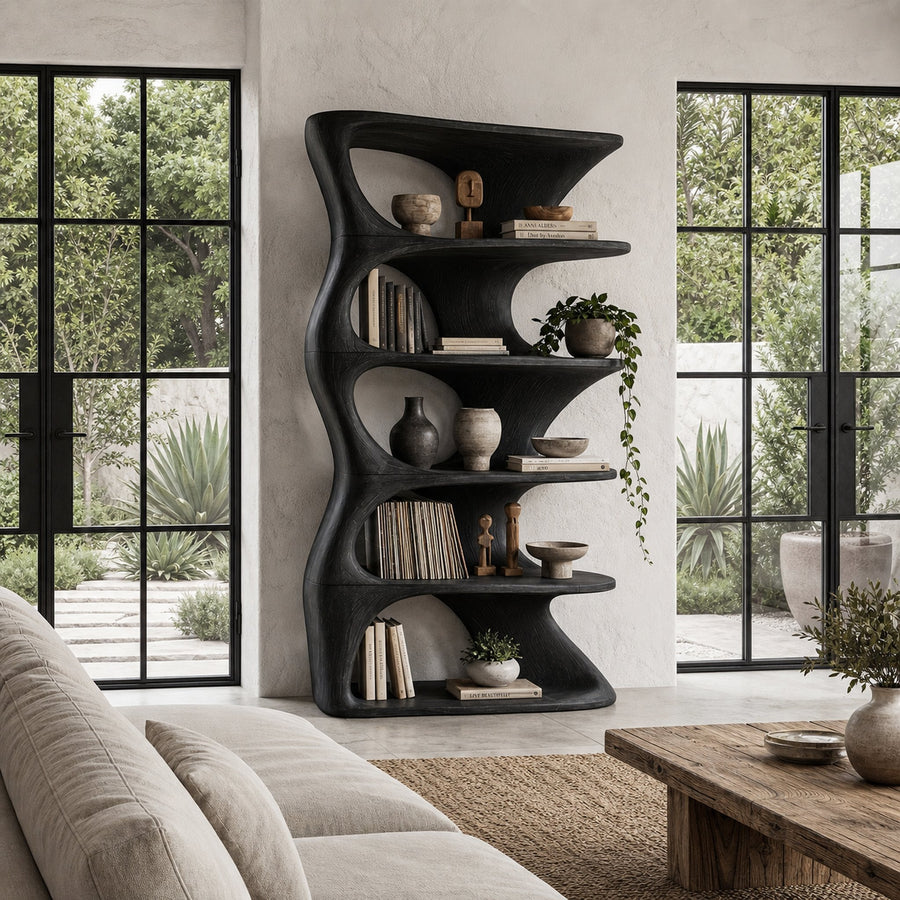 Organic Sculptural Wall Mounted Bookshelf With Curved Floating Shelves For Living Room