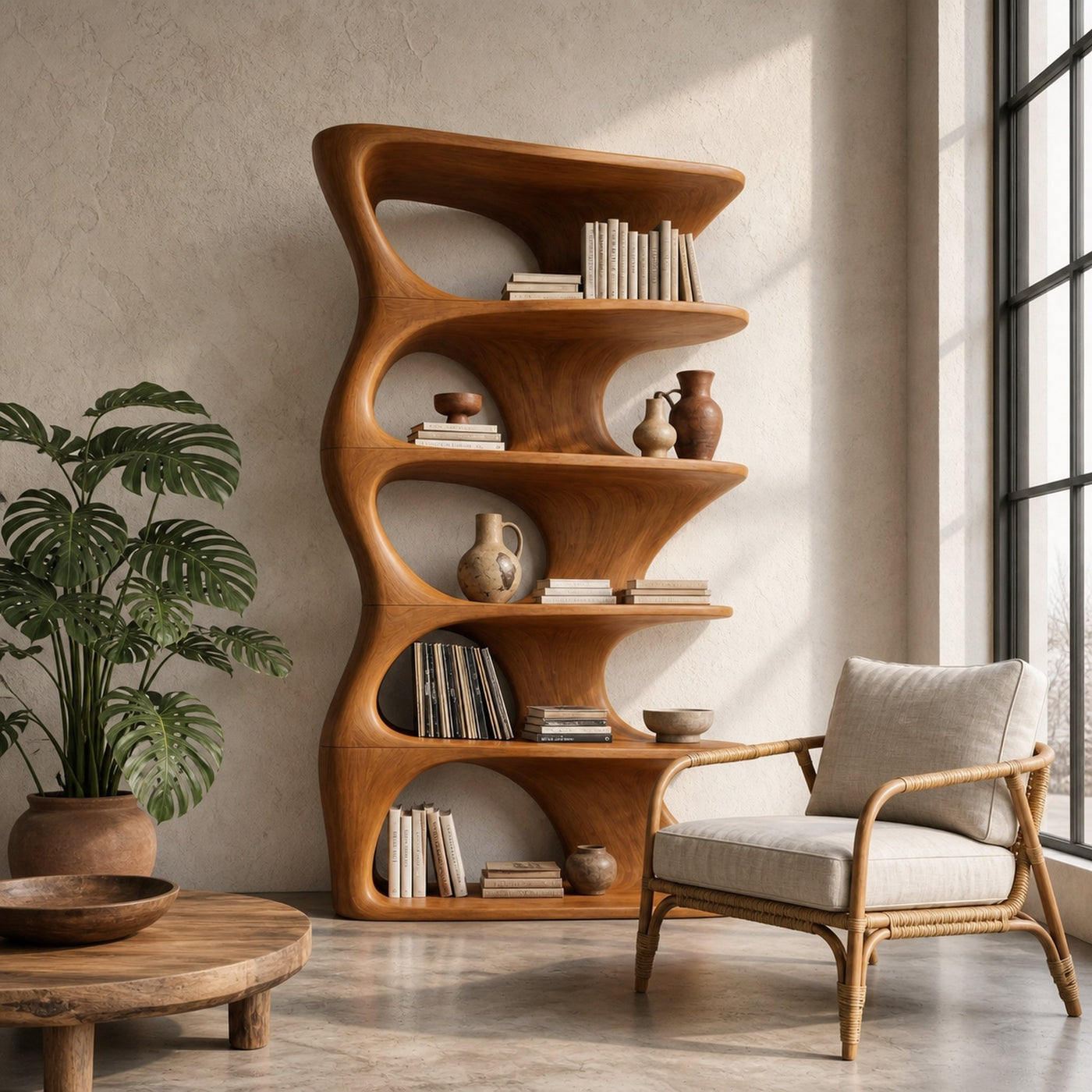 Organic Sculptural Wall Mounted Bookshelf With Curved Floating Shelves For Living Room - product view 6