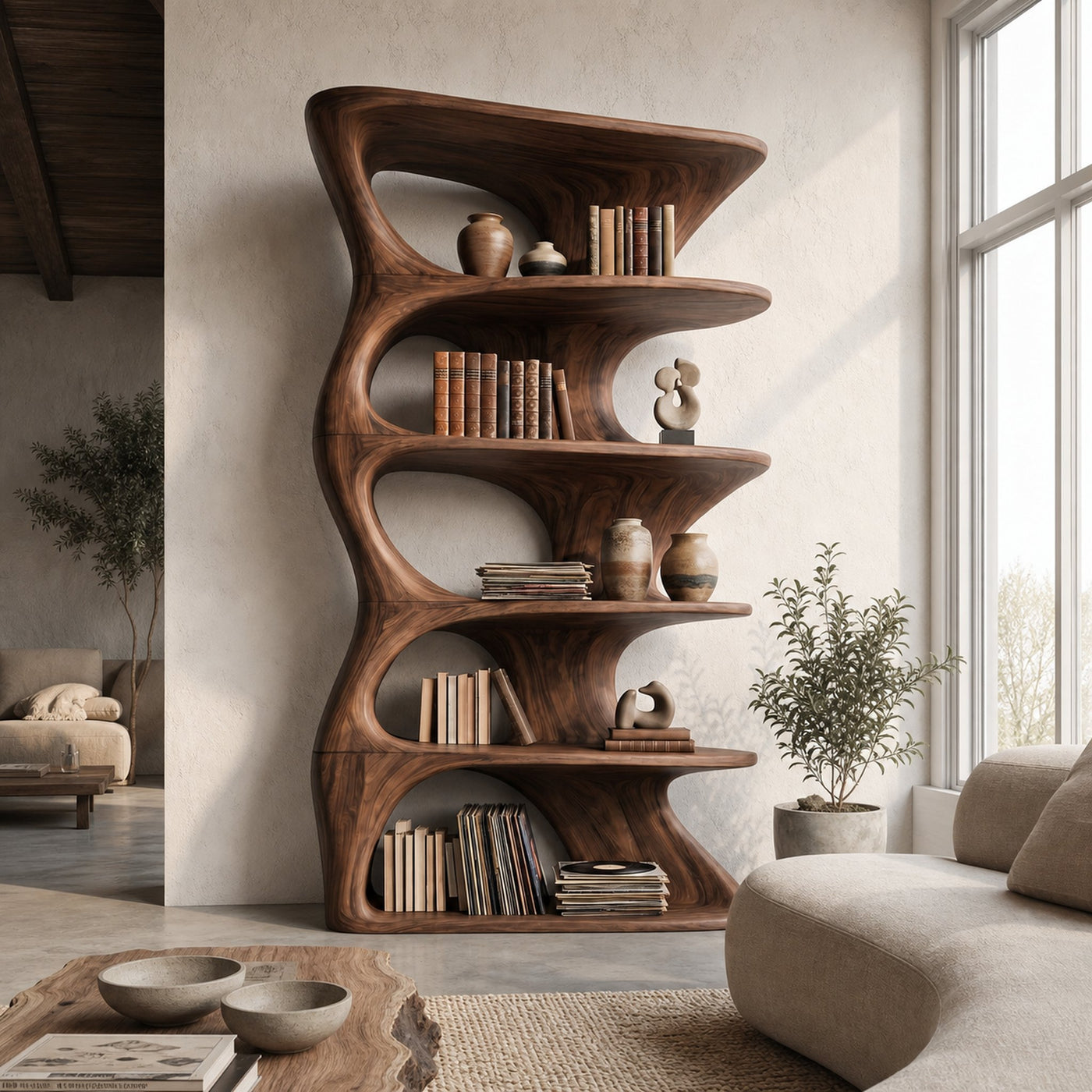 Organic Sculptural Wall Mounted Bookshelf With Curved Floating Shelves For Living Room - product view 7