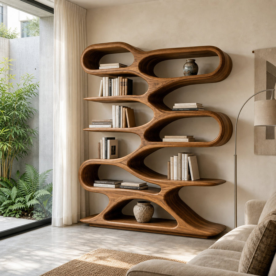 Organic Sculptural Wood Bookcase For Living Room Decor