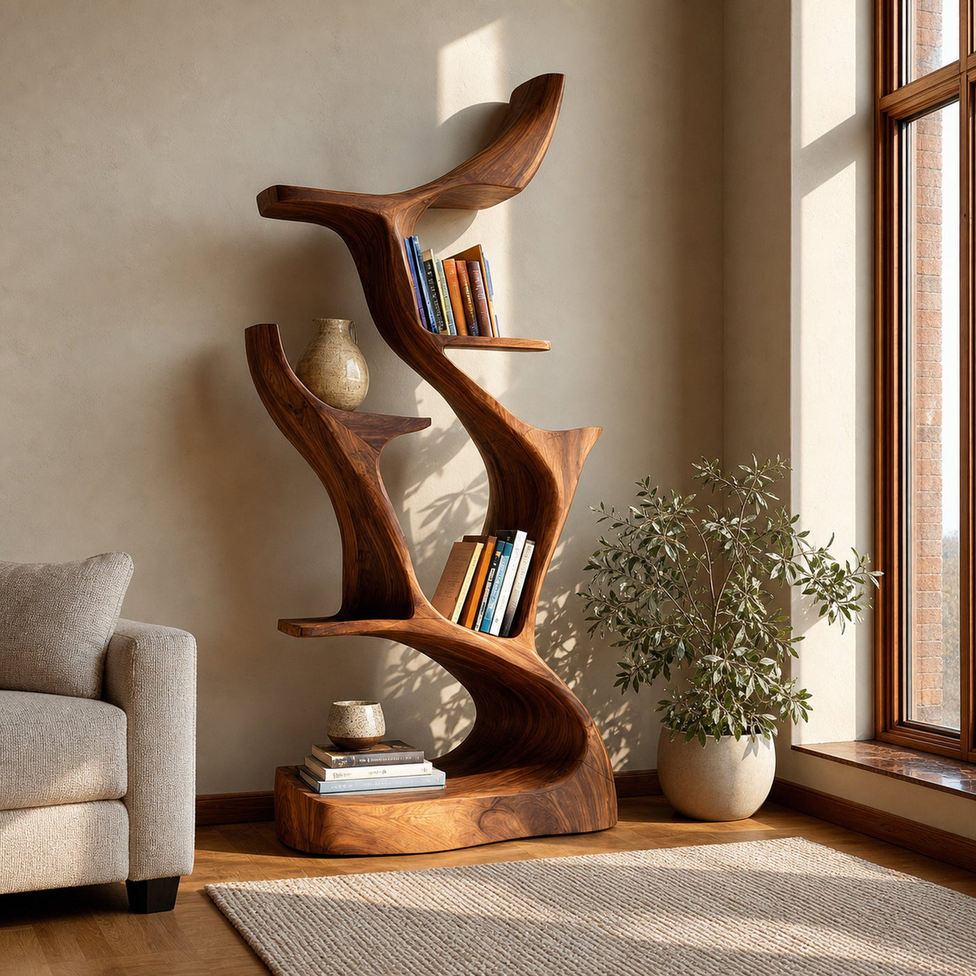 Organic Sculptural Wooden Bookshelf For Living Room