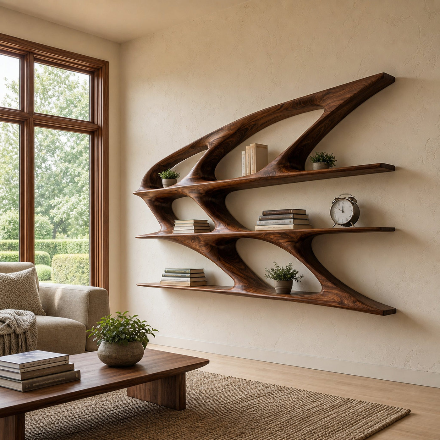 Organic Sculptural Wooden Bookshelf For Living Room Statement