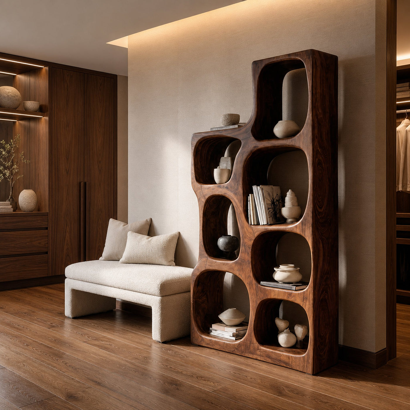 Organic Sculptural Wooden Bookshelf For Modern Living Room