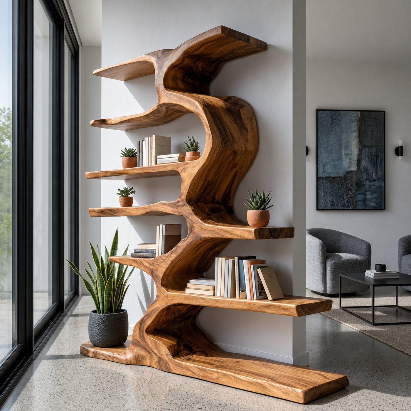 Organic Sculptural Wooden Bookshelf With Tiers For Living Room