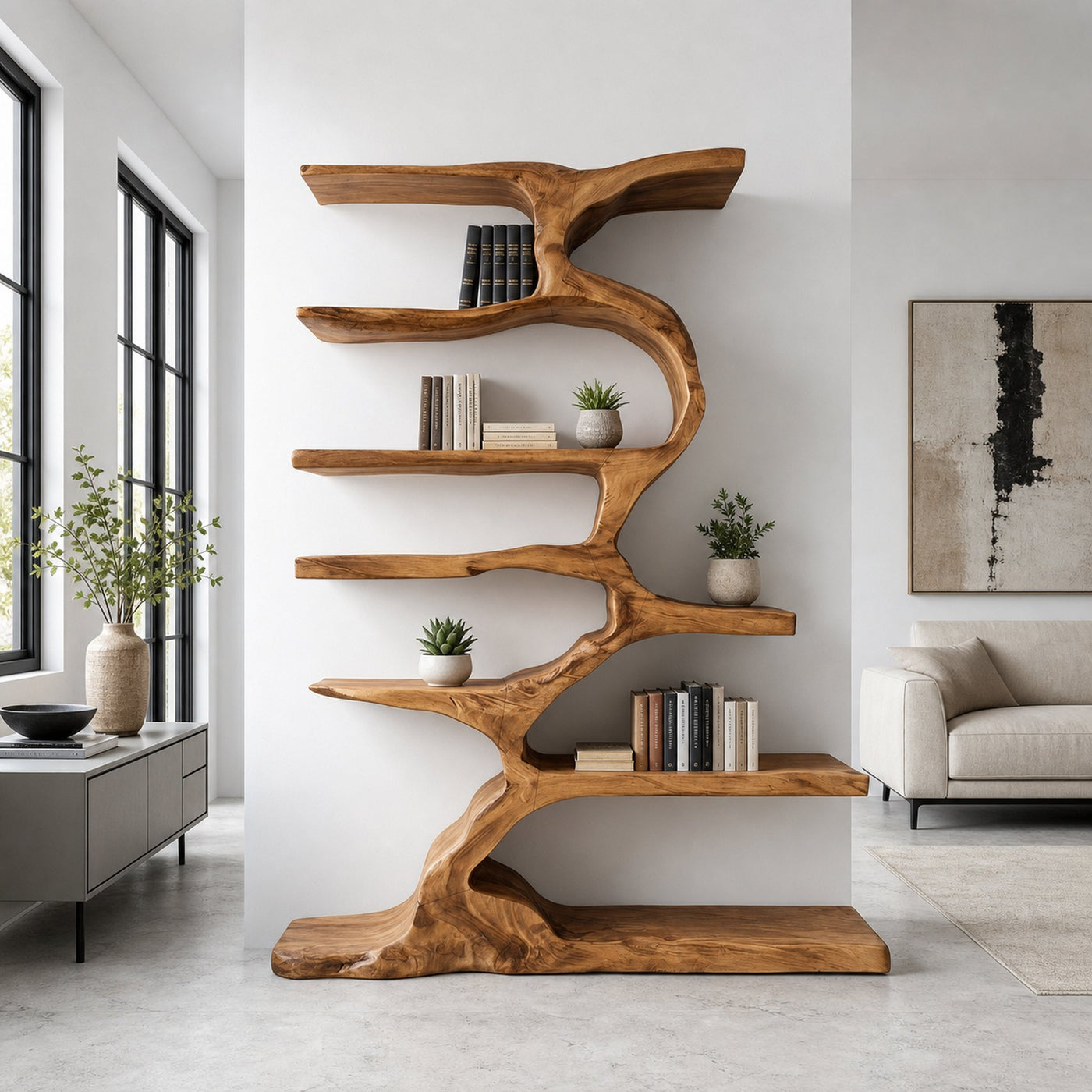Organic Sculptural Wooden Bookshelf With Tiers For Living Room - product view 2