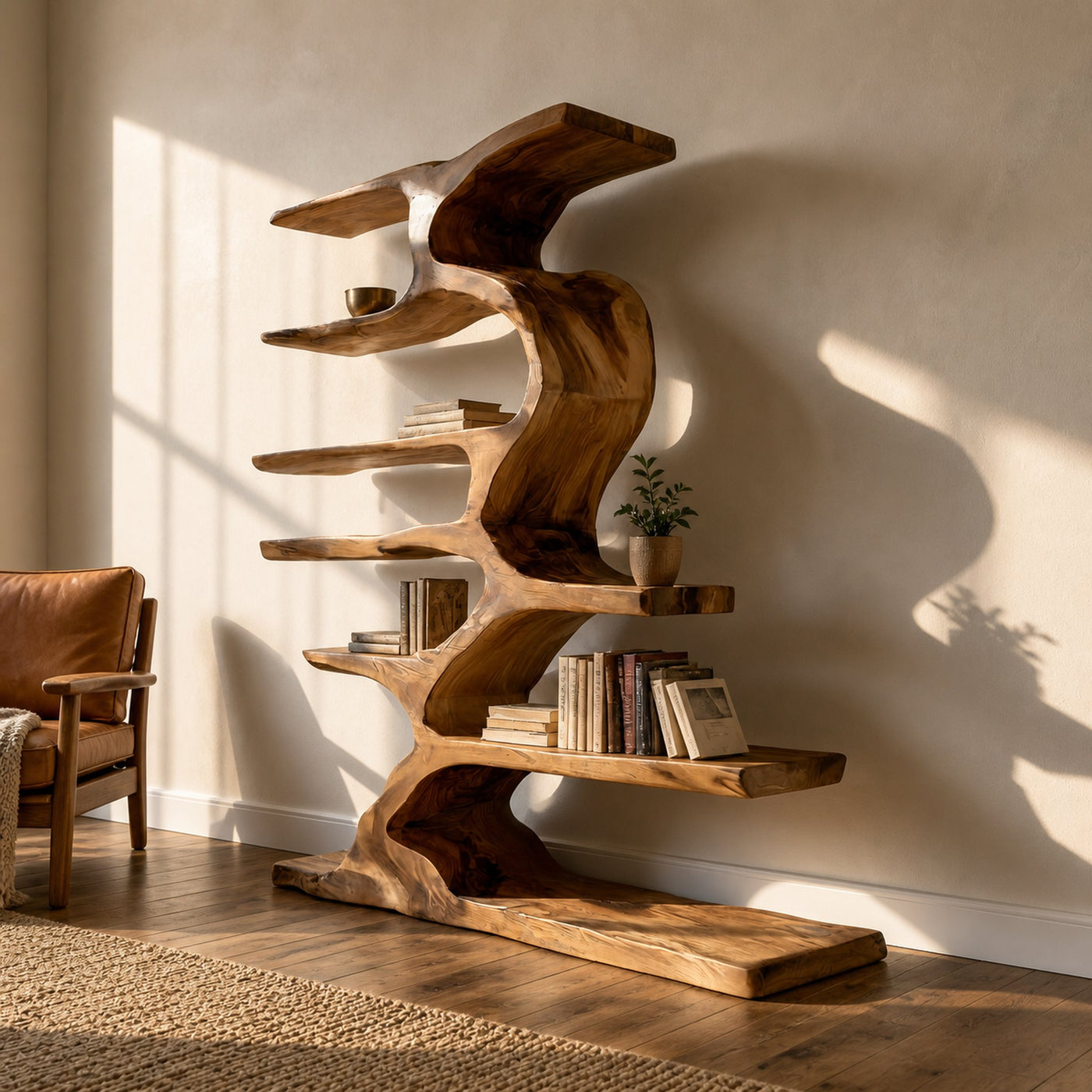 Organic Sculptural Wooden Bookshelf With Tiers For Living Room - product view 3