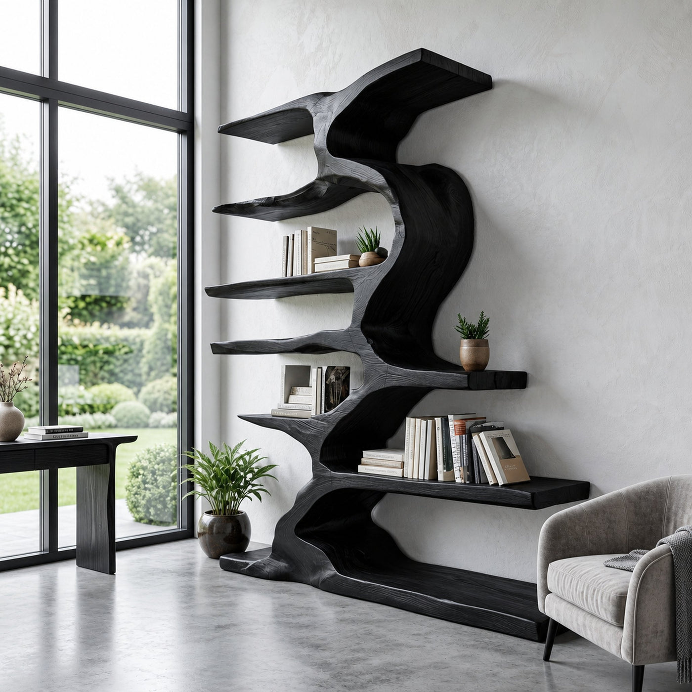 Organic Sculptural Wooden Bookshelf With Tiers For Living Room - product view 4