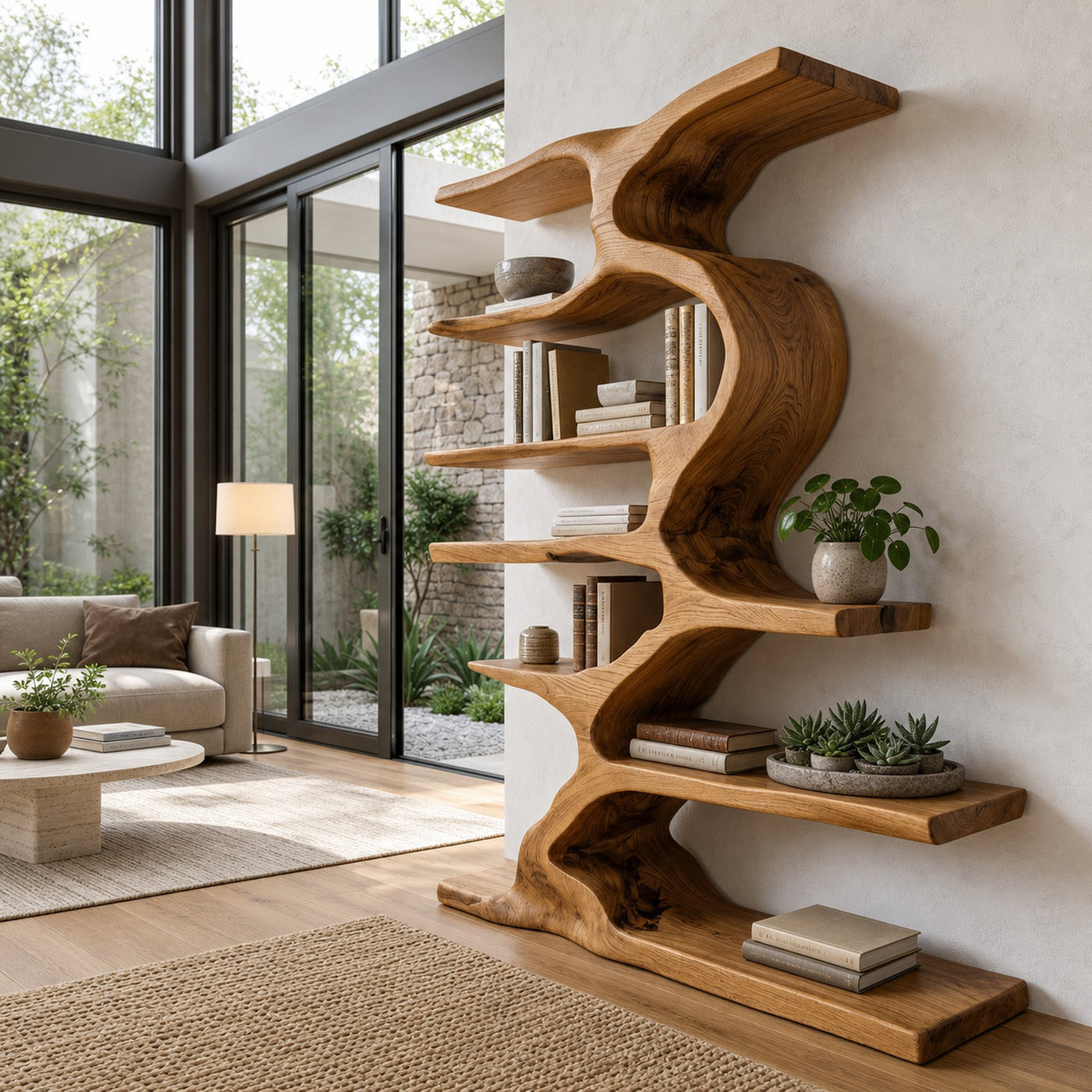 Organic Sculptural Wooden Bookshelf With Tiers For Living Room - product view 5