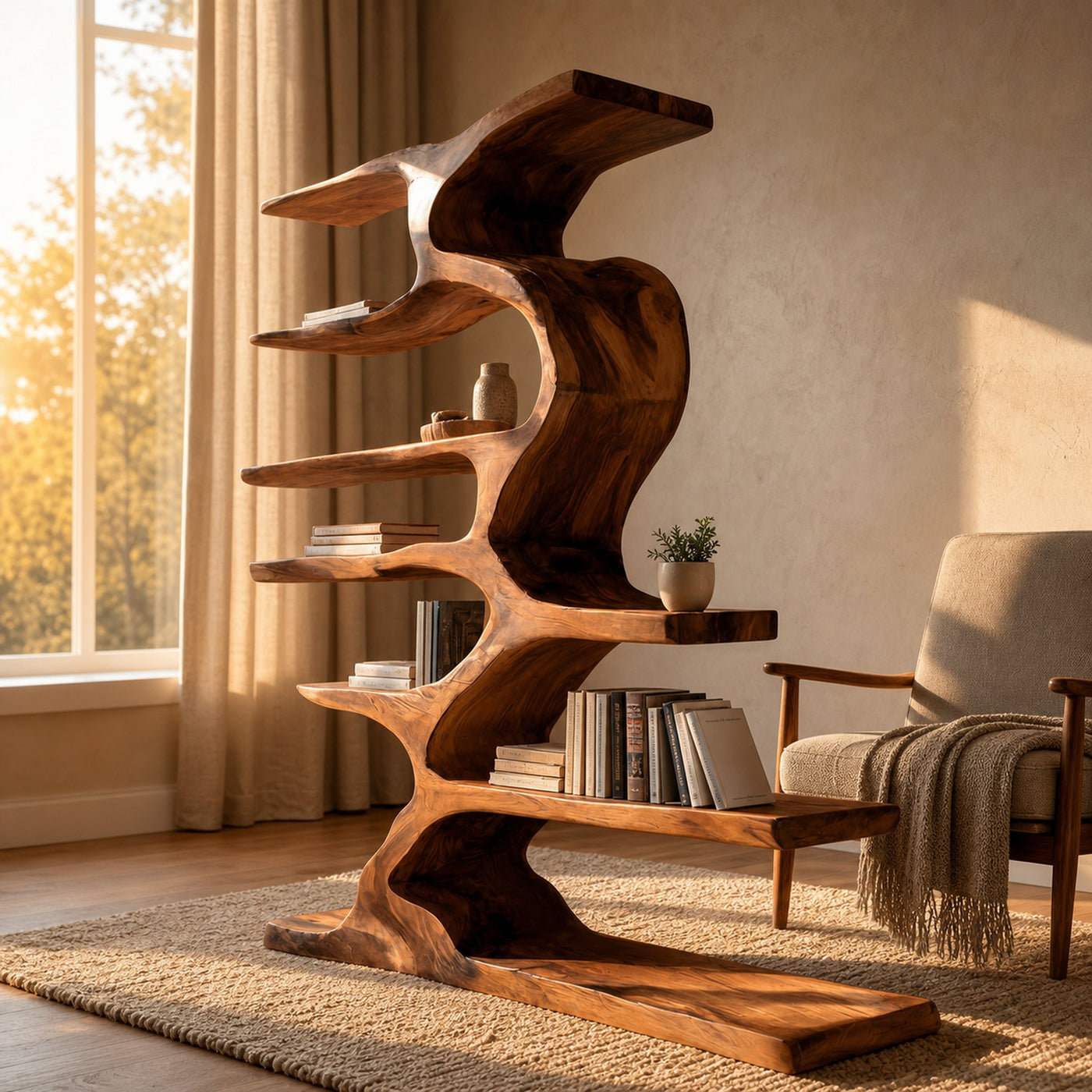 Organic Sculptural Wooden Bookshelf With Tiers For Living Room - product view 6