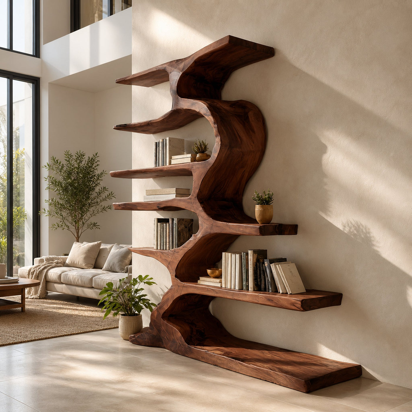 Organic Sculptural Wooden Bookshelf With Tiers For Living Room - product view 7