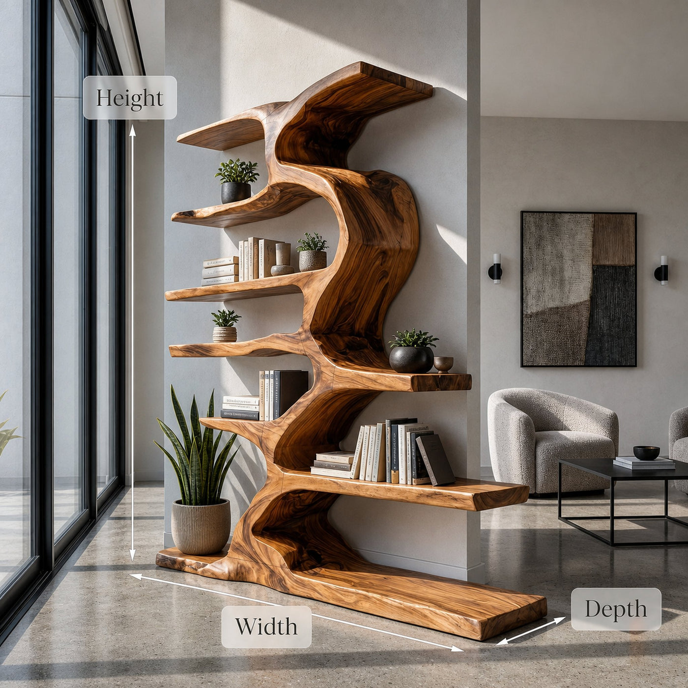 Organic Sculptural Wooden Bookshelf With Tiers For Living Room - product view 8