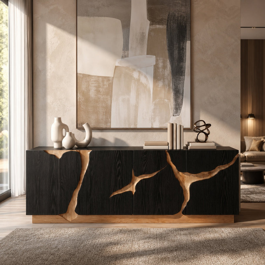 Organic Sideboard With Charred Wood Doors And Natural Live Edge Inlay For Living Room