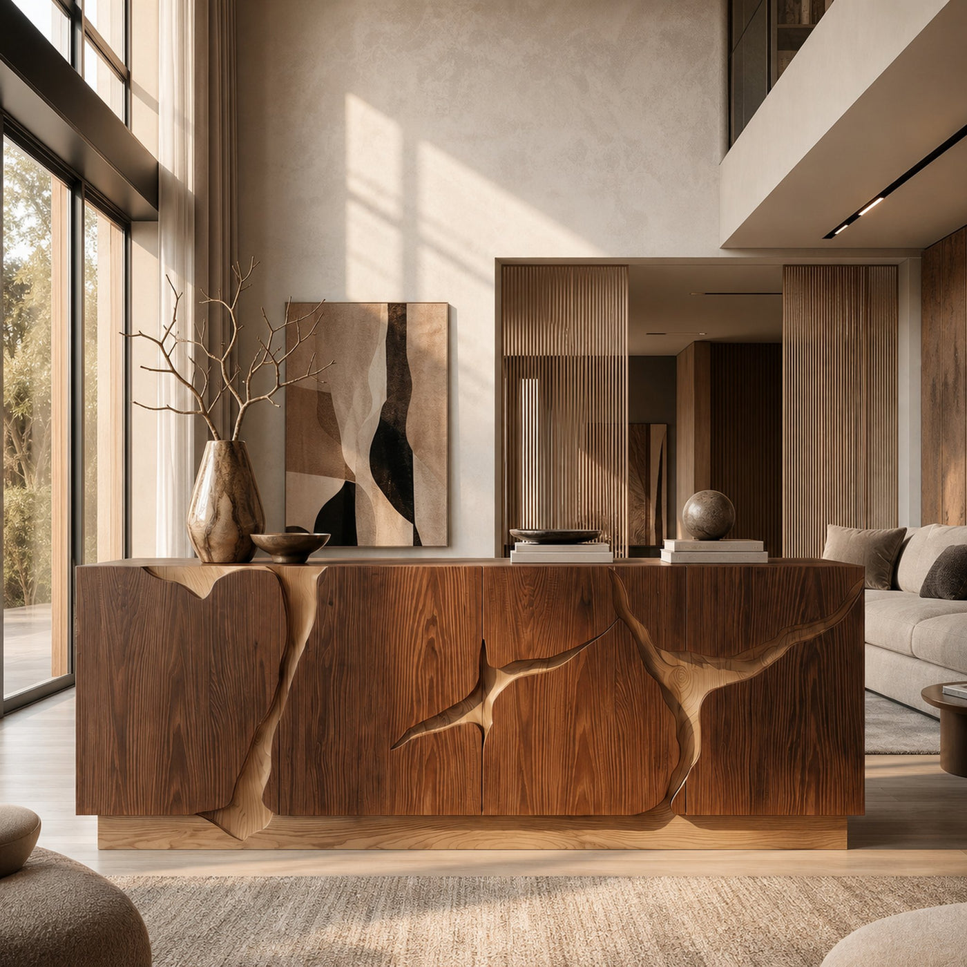 Organic Sideboard With Charred Wood Doors And Natural Live Edge Inlay For Living Room - product view 6