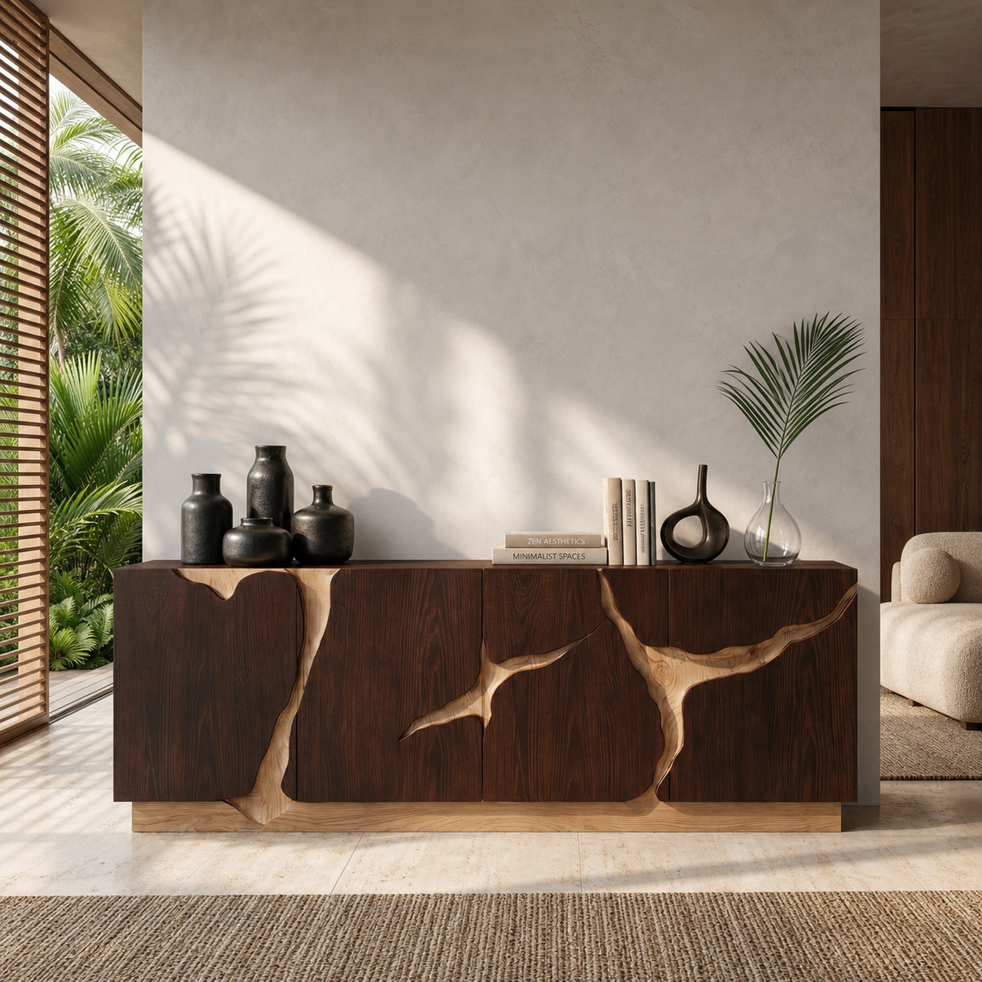 Organic Sideboard With Charred Wood Doors And Natural Live Edge Inlay For Living Room - product view 7