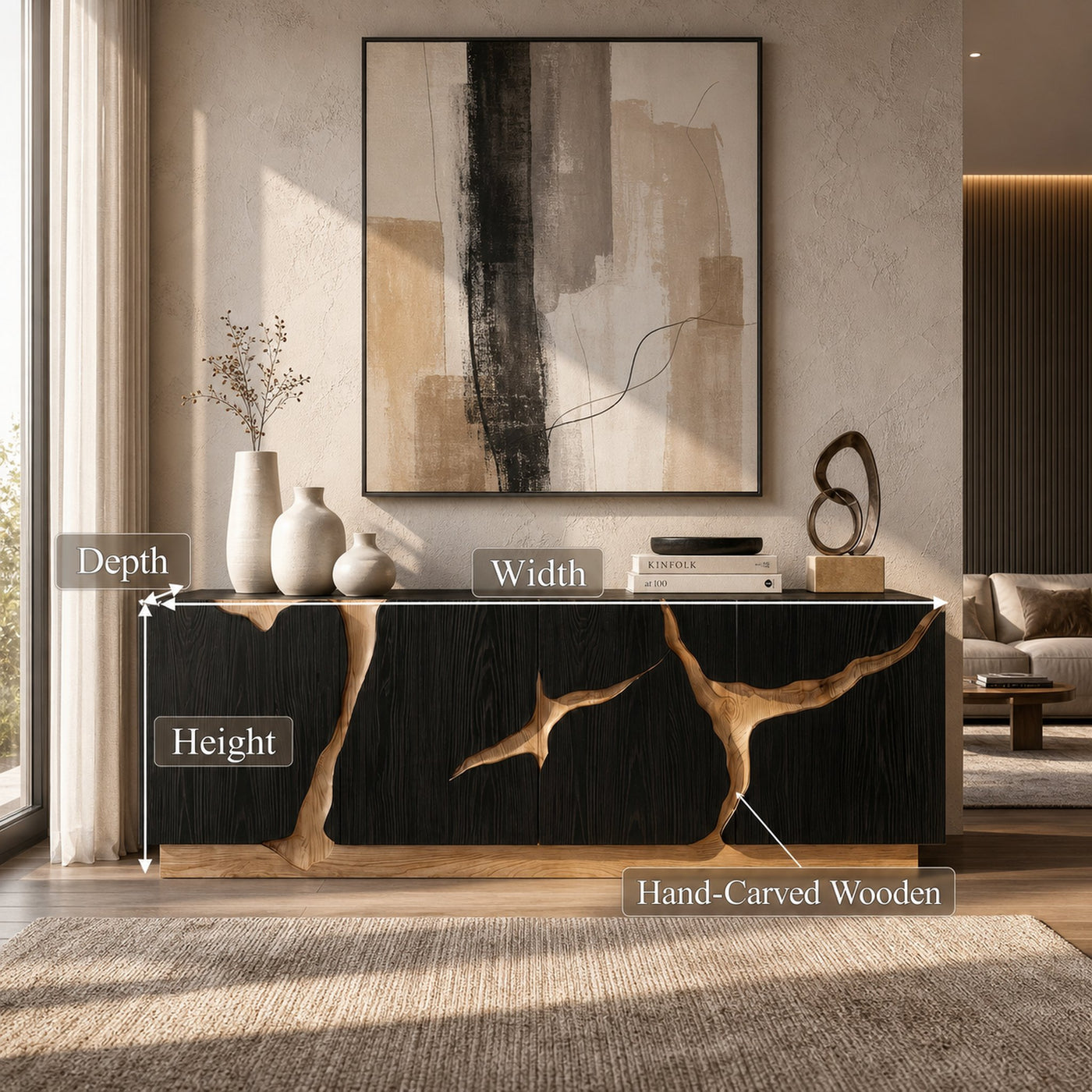 Organic Sideboard With Charred Wood Doors And Natural Live Edge Inlay For Living Room - product view 8