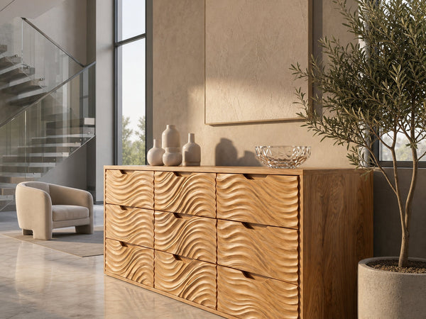 Organic Sideboard With Hand Carved Wave Wood Doors And Solid Wood Storage Cabinet For Living Room
