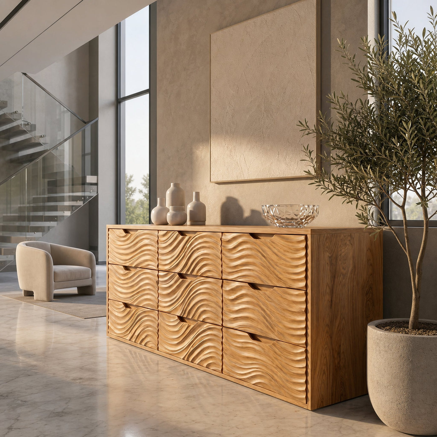 Organic Sideboard With Hand Carved Wave Wood Doors And Solid Wood Storage Cabinet For Living Room