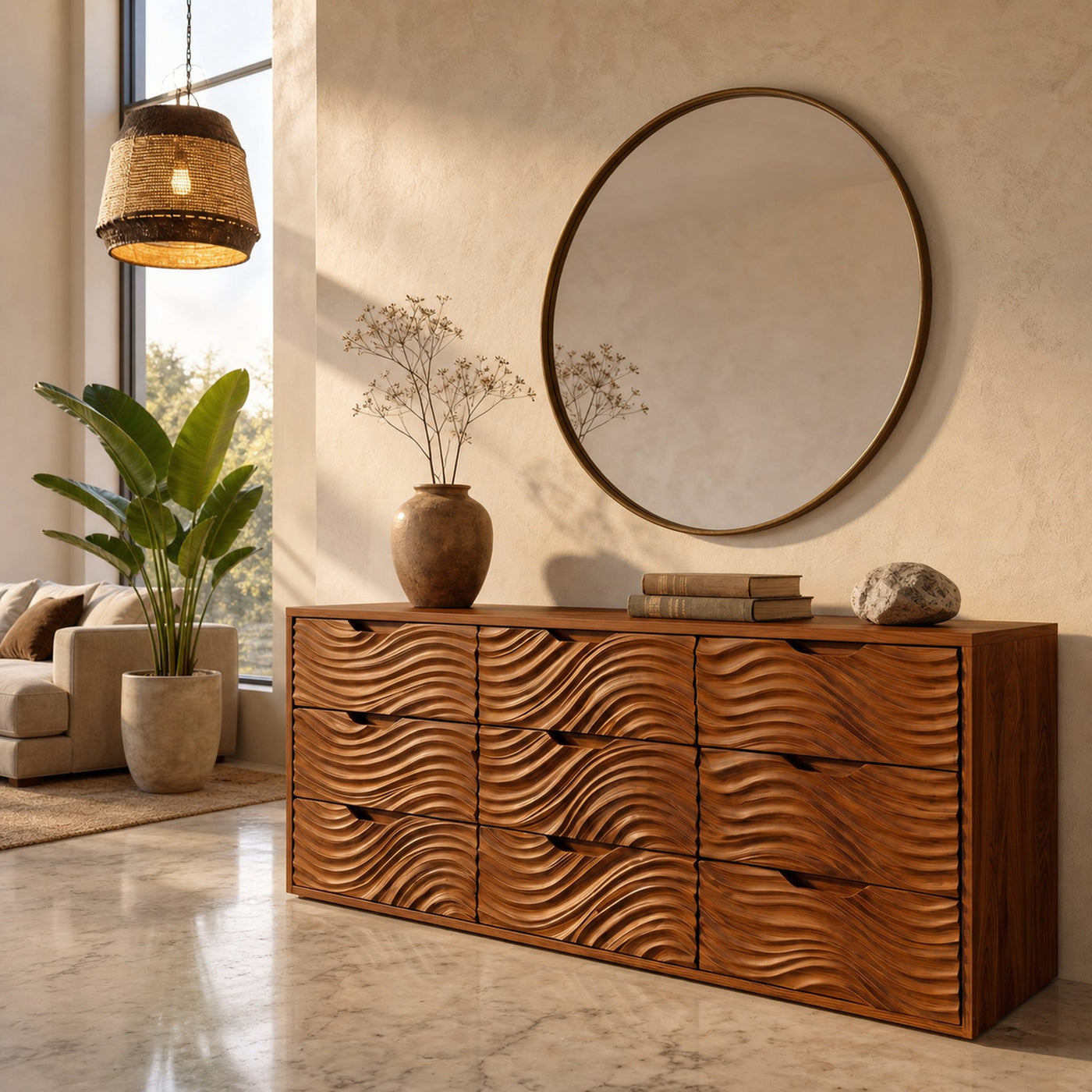 Organic Sideboard With Hand Carved Wave Wood Doors And Solid Wood Storage Cabinet For Living Room - product view 6