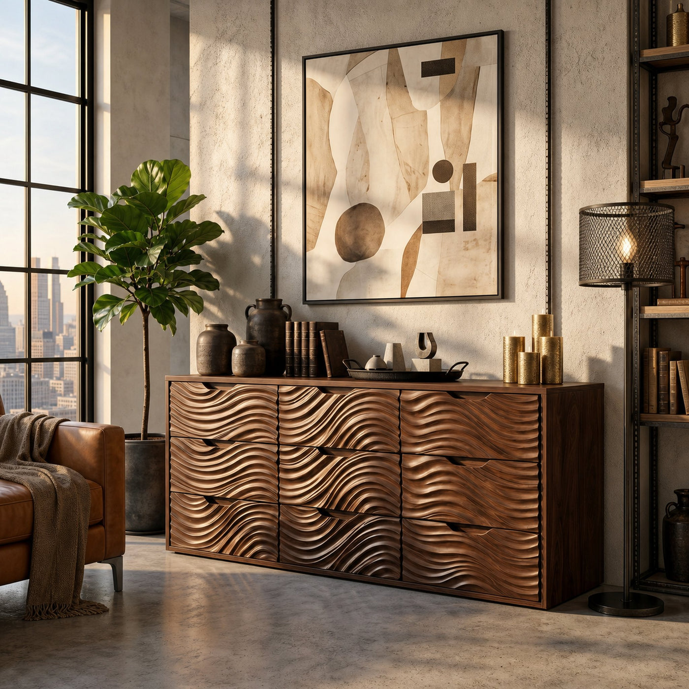 Organic Sideboard With Hand Carved Wave Wood Doors And Solid Wood Storage Cabinet For Living Room - product view 7