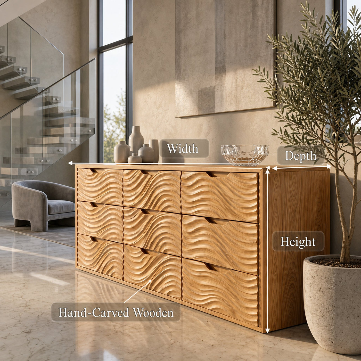 Organic Sideboard With Hand Carved Wave Wood Doors And Solid Wood Storage Cabinet For Living Room - product view 8